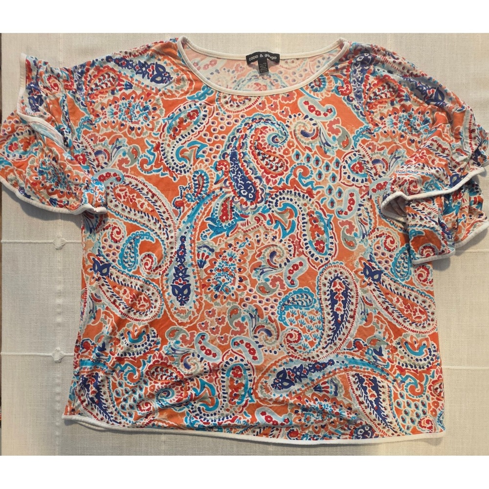 Cable & Gauge Orange Blue Paisley Flutter Sleeve Top XL